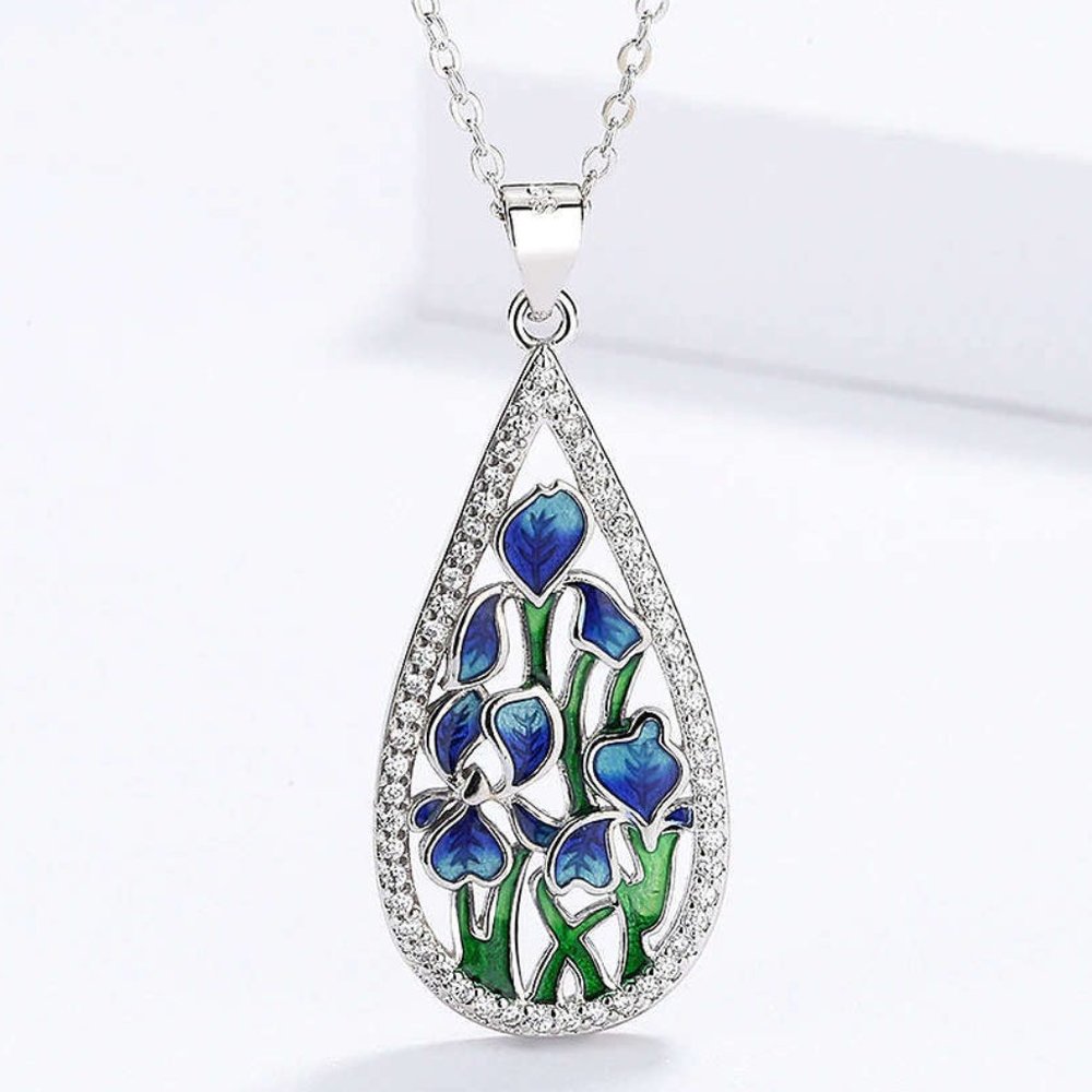18" Sterling S925 Pave Blue Green Enamel Orchid Bellflower IRIS Necklace Pendant